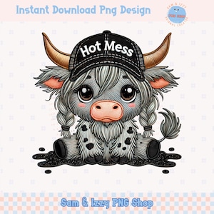 Hot Mess Cute Highland Cow Png Sublimation Design, Cute Snarky Bougie Western Baseball Cap Country Cow, Sarcasm Cute Cow for Shirt,Funny Cow