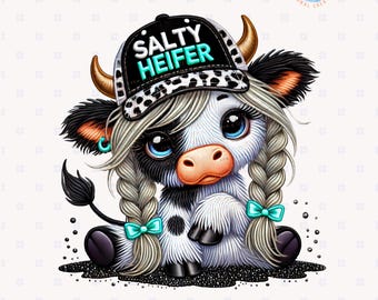 May include: A cartoon illustration of a black and white cow with a black and white spotted hat that says "Salty Heifer" in blue and white letters. The cow has blue eyes and is wearing a turquoise bow in its hair. The cow is sitting on a black sparkly surface.