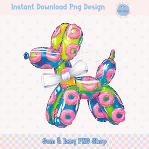 May include: A colorful balloon animal shaped like a dog, with a white bow. The balloon is covered in pink and green donuts with sprinkles. The balloon is a digital illustration.