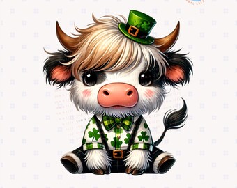 St Patrick's Day Cute Baby Highland Cow Bundle, St Patty's Boys Sublimation, Lucky Cow Shamrock Designs, Kids St Patty's Tshirt Graphics,DTF