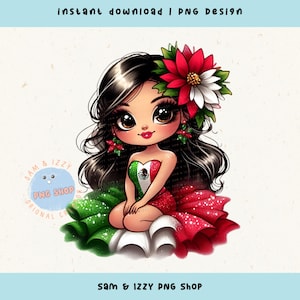 Lateinisches Mädchen Png Sublimationsdesign, niedliches Feiertags-Mädchen Clipart, Feliz Navidad Grafiken, entzückendes Feiertags-Blumen-Latina-Mädchen, DIY Geschenkideen