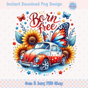 Fourth Of July png, patriottische geboren gratis retro zonnebloemkever, Amerikaanse insectenstickers, patriottische hippie clipart, auto met bloemen illustratie