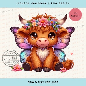 Fleur de naissance juillet vache Highland, png, papillon, fleur du mois de naissance, cadeaux d'anniversaire, fleur de nénuphar marguerite, décoration d'anniversaire, clipart vache