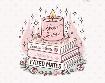 Romantiek boek tropen Png langzaam branden therapie kaars & boek stapel clipart trendy boekenliefhebber schattig leesgrage sublimatie graphics Booktok esthetiek