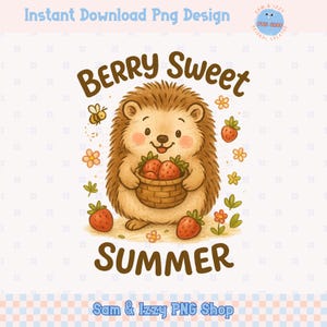 Image douce de l'heure d'été, clipart hérisson mignon, motifs girly fraises, été rétro, décoration de chambre d'enfant, amoureux des animaux de la forêt fantaisiste, DTF