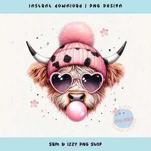 Cute Pink Highland Bubble Gum Png, Funny Cow Designs, Pink Cow Png, Cow With Sunglasses Graphics, Cute Cow Sublimation, Cow Lover Clipart