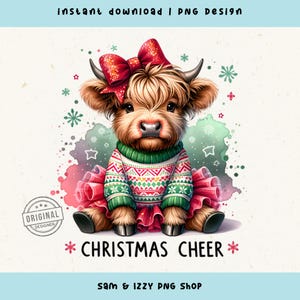 Christmas Cheer Cow Png, Cute Winter Highland Cow with Snowman Sweater, Christmas Clipart, Holiday Cow Digital Illustration,Farm Animals Png