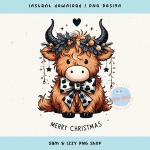Merry Christmas Cute Highland Cow Sublimation Png Stickers, Country Cow Print Holiday Graphics for Tshrts, Tote bags, Mugs, Festive Cute Cow
