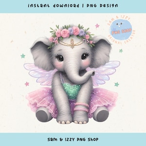 Cute Angel Elephant Sublimation Png Design, Trendy Adorável Bebê Elefante Clipart, Desenhos Amantes de Elefantes, Amante de Animais de Safári, Flores Png