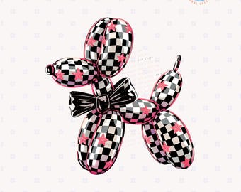 Cute Retro Checkered Print Coquette Balloon Dog Png Sublimation Design Kids Invitation Party Balloon Animal Preppy Girly Graphics Dog Lover