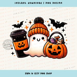 Joli bonnet fantôme avec sublimation de café et de citrouille PNG Design, jolis graphismes d'Halloween, amateurs de café d'automne, bonnet orange Png, DTF