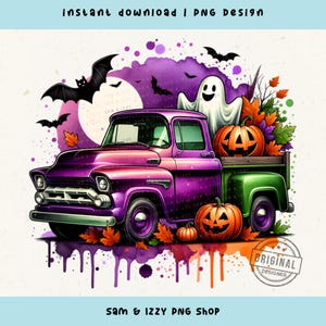 Uroczy Halloweenowy Samochód Ciężarowy z Duchami i Dyniami Cyfrowy Clipart na Jesienną Dekorację, Styl Retro Halloween Grafiki, Pumpkin Patch Png, Upiorne Wibracje