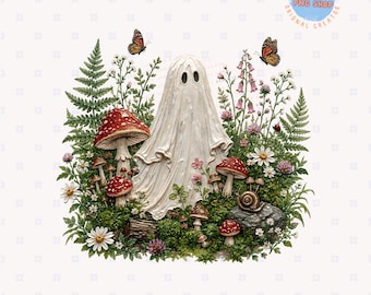 Cottagecore Ghost PNG Cute Woodland Ghost PNG Mushroom Ghost Sublimation Whimsical Halloween PNG Forest Ghost Clipart Botanical Ghost Design