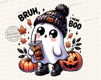 Cute Snarky Ghost Clipart for Funny Halloween Shirt and Fall Design, Boo Sheet, Bruh Ghost Halloween Cute Coffee, Trending Fall Graphics,DTF