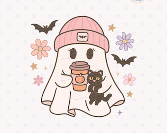 Ghost and Black Cat Png, Halloween Coffee Cat Lover Sublimation, Cute Girly Ghost with Beanie and Cat, Pastel Fall Png for Shirts & Mugs DTF