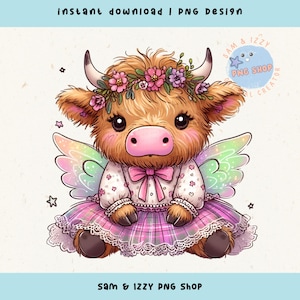 Lindo diseño de sublimación de vaca de las tierras altas de hadas PNG, adorable clipart de vaca bebé de moda, diseños para amantes de las vacas, chica de campo, vaca de flores PNG, granja