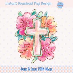 Croix florale pailletée de Pâques Png Sublimation Design Graphismes de Pâques chrétiens Croix printanière des cliparts Clipart religieux Art imprimable Invitation Design