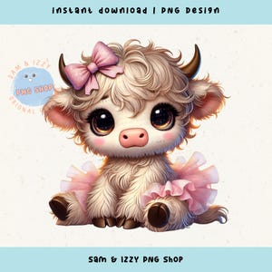 Mignonne vache Highland Png, dessins en sublimation, animaux de la ferme roses, adorable bébé vache des cliparts, graphiques de fille de campagne de ferme, amoureux des vaches, vie à la ferme