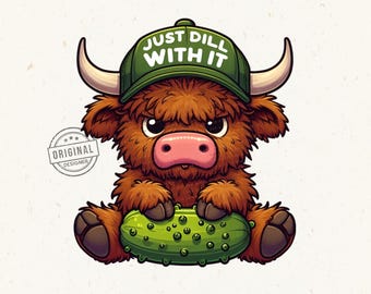 Solo eneldo con vaca de las tierras altas Png, sombrero de pepinillo sarcástico gruñón, animales de granja rústicos, linda vaca para camiseta, bolsa de mano, sublimación de taza, DTF