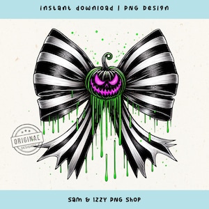 Striped Halloween Coquette Pumpkin Bow PNG Sublimation, Spooky Season Aesthetic Vibes Png, Movie Halloween Trendy Horror Characters Png, DTF