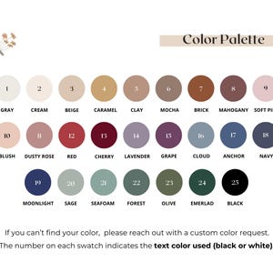 May include: A colour palette chart displaying 25 colour swatches, each labelled with a name and number. Colours range from grey to black, including shades of beige, red, and blue. Text at the bottom encourages custom colour requests.