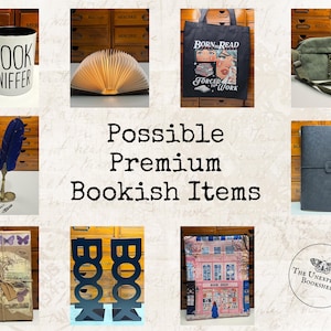May include: An assortment of book-themed items: a mug with "BOOK SNIFFER", a tote bag with a graphic, a green crossbody bag, a journal, a feather quill, a book-shaped light, bookends, and a book cover with a bookstore illustration.