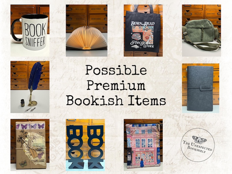 May include: An assortment of book-themed items: a mug with "BOOK SNIFFER", a tote bag with a graphic, a green crossbody bag, a journal, a feather quill, a book-shaped light, bookends, and a book cover with a bookstore illustration.