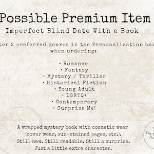 May include: Image promoting an "Imperfect Blind Date With a Book." The text details genres such as Romance, Fantasy, and Historical Fiction. The book is described as having cosmetic wear, but still new and readable.