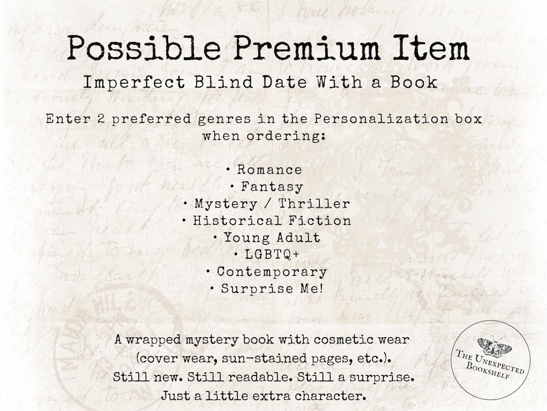 May include: Image promoting an "Imperfect Blind Date With a Book." The text details genres such as Romance, Fantasy, and Historical Fiction. The book is described as having cosmetic wear, but still new and readable.