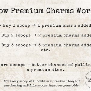 May include: A vintage-style graphic explaining how premium charms work. Text on a cream background details the relationship between the number of scoops purchased and the number of premium charms added. The text also mentions the odds of pulling a premium item.