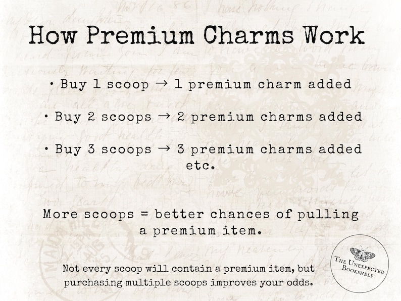 May include: A vintage-style graphic explaining how premium charms work. Text on a cream background details the relationship between the number of scoops purchased and the number of premium charms added. The text also mentions the odds of pulling a premium item.