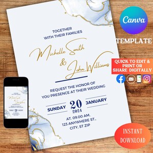Blue and Gold Elegant Wedding Invitations | Modern Wedding Invitation Template | Minimalist Wedding Invites Templates