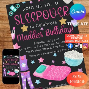 Sleepover Birthday Invitation Digital for Girls | Sleepover Evite Bday Invites | Sleep Over Birthday Party Invitation Template
