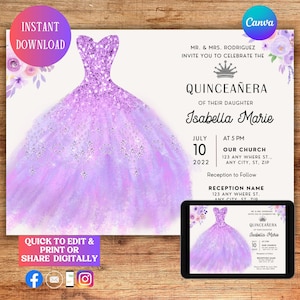 Editable Quinceanera Invitation Template with Purple Dress | Lilac Quinceanera Digital Invites Template | Custom Lavender Quinceanera Invite