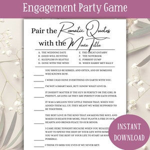 Printable Engagement Party Games | Match the Movie Love Quotes | Digital Proposal Party Games | Engagement Game | Couples Shower Games