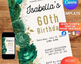 Modello per invito alla festa del 60° compleanno con fiori verdi / Modelli per inviti per sessanta compleanni / Modello per invito per il 60° compleanno per donne