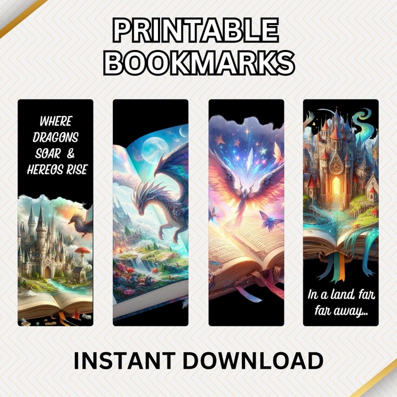 Printable Bookmark Set for Book Lovers Digital Fantasy Bookmark Dragon ...