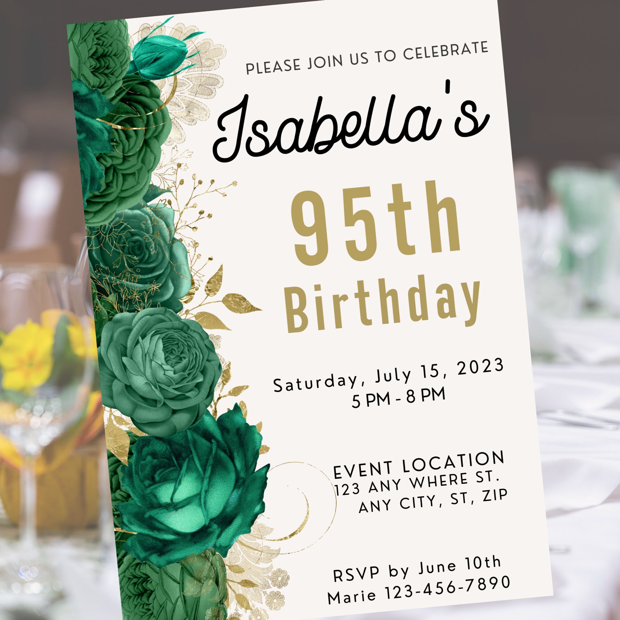95th Birthday Party Invitation Template With Green Flowers Etsy