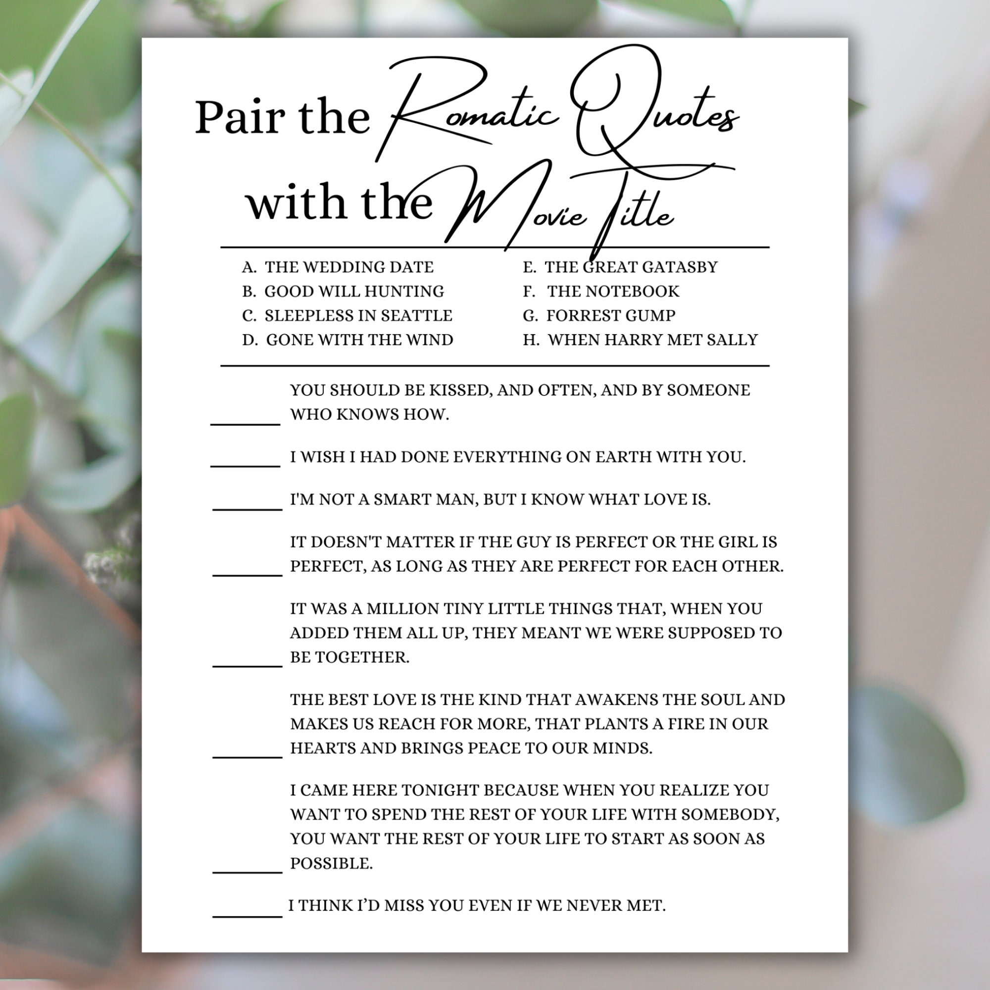 Match the Movie Love Quotes Printable Bridal Shower Games Digital ...