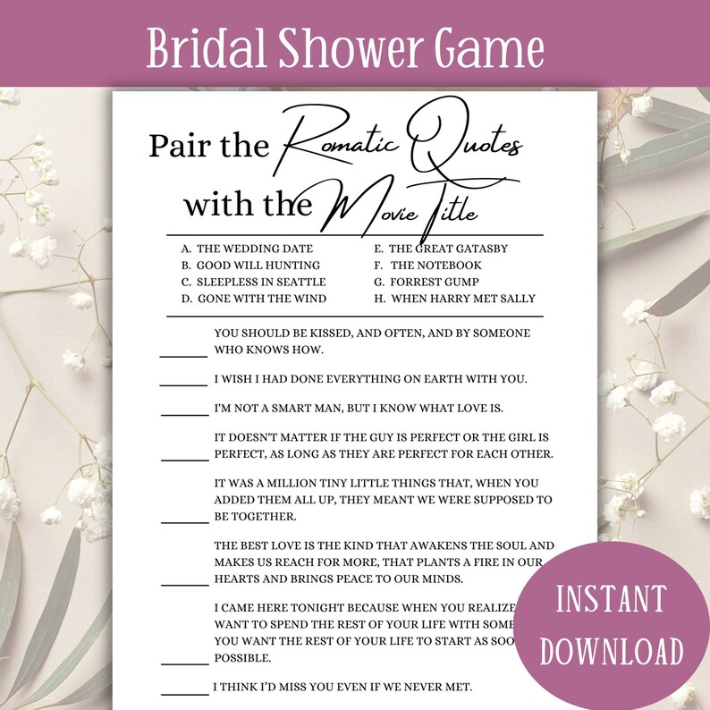 Match the Movie Love Quotes Printable Bridal Shower Games Digital ...