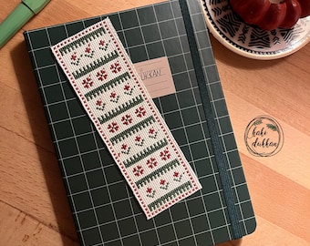 Ethnic Christmas-Themed Cross-Stitch Bookmark – Elegant in Green and Burgundy - PDF Pattern - Gift For Her