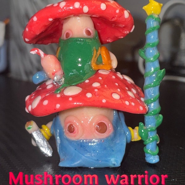 Mushroom Warrior desk buddy polymer clay art for bedroom decor for him for her gift jewelry holder earring stand