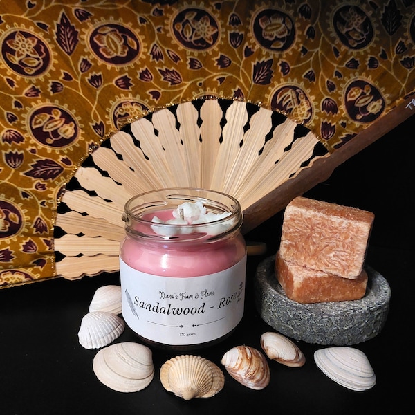 Handgemaakte kaars en geurblokje sandalwood rose, vegan natuurlijke kaars met geurblokje, cadeau geurkaars en geurblokje