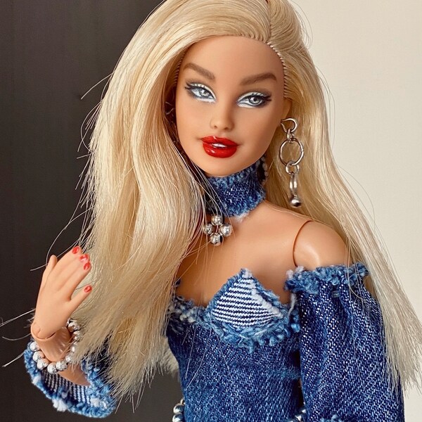 Custom Side-eye Barbie doll Repaint OOAK Blonde Millie Repainted made-to-move doll with handmade clothes