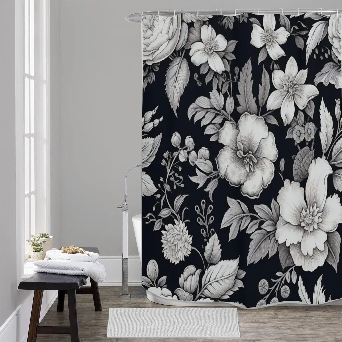 Black and White Floral Shower Curtain Etsy