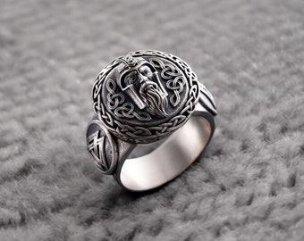 Anello da uomo con testa di vichingo e Valknut - Gioiello nordico in argento sterling 925 fatto a mano