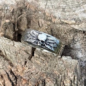 Silver Winged Skull Band Ring | 925 Sterling Gothic Angel Wing Ring | Biker Punk Skull Wedding Band | Handmade Men’s Gothic Jewelry