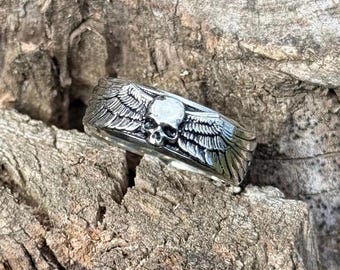 Silver Winged Skull Band Ring | 925 Sterling Gothic Angel Wing Ring | Biker Punk Skull Wedding Band | Handmade Men’s Gothic Jewelry