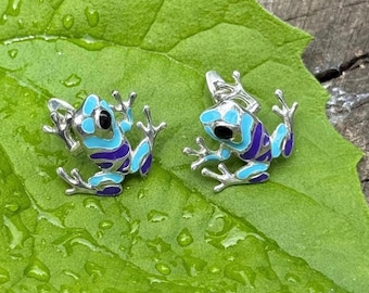 Blue Purple Frog Enamel Dangle Earrings • Cute Frog Drop Earrings • Whimsical Amphibian Jewelry • Gift for Frog Lovers