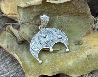 Viking Lunula Pendant | Moon Amulet with Tree of Life & Sun | Norse Pagan Jewelry | Slavic Lunitsa Necklace